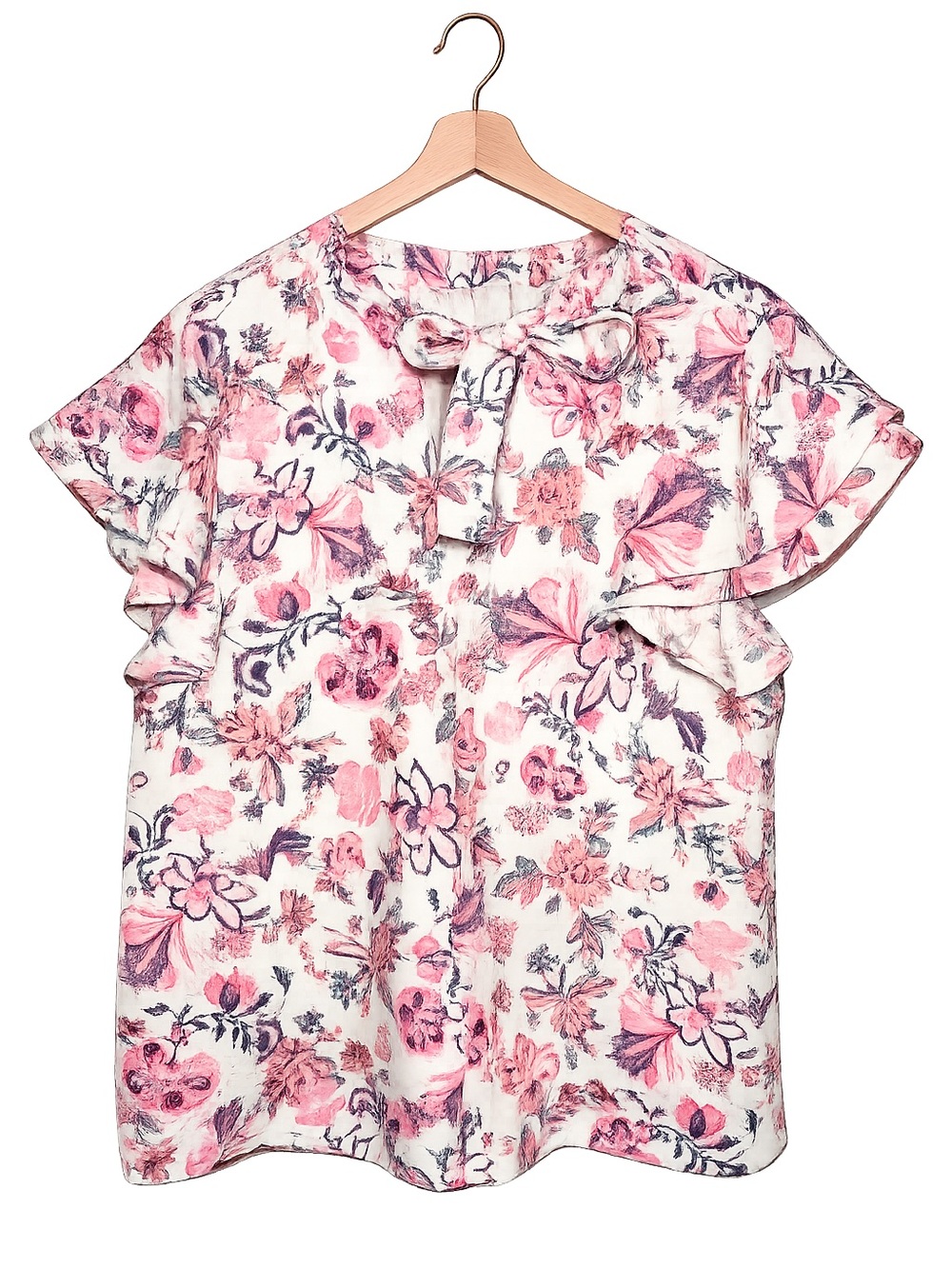 Who What Wear Floral Ruffle Sleeve Blouse | Tie Neck Top | Romantic Cottagecore - Picture 2 of 11